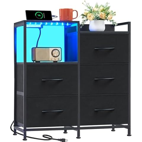 Somdot Black Nightstand with Charging Station and LED Light, Wide 5 Drawers Dresser for Bedroom with Fabric Bins and Open Shelf for Bedroom Kids Closet Dorm Guest Room, Black Cover
