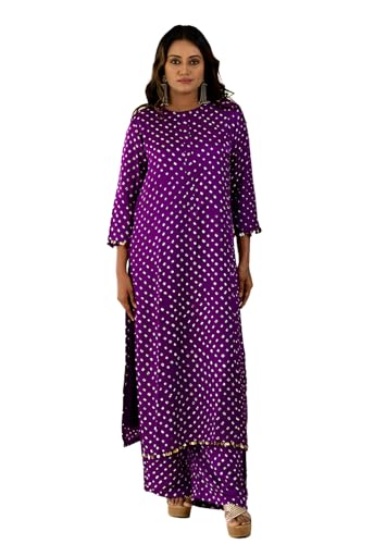 Image of LookMark Women Cotton Blend Bandhej Printed Bandhani Kurta Palazzo Set With Sequence Lace