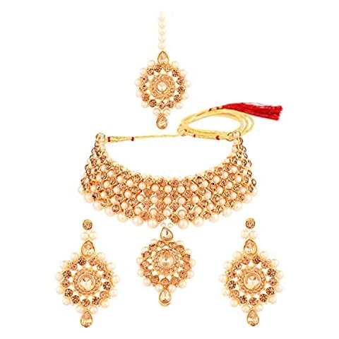 Efulgenz Indian Jewellery Choker Crystal Floral Faux Pearl Floral Necklace Earrings Maang Tikka Bollywood Wedding Bridal Jewellery Set for Women, Brown Cover