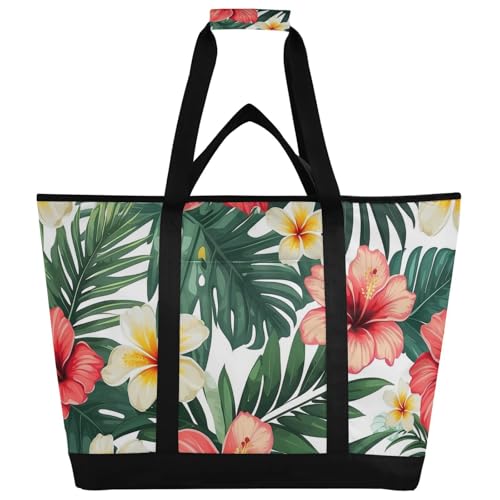 Palm Tree Florals Large Insulated Tote Bag for Grocery Shopping Reusable Tote Bags for Women Men, Cooler Bag with Zippered Top & Handles for Beach Picnic Travel