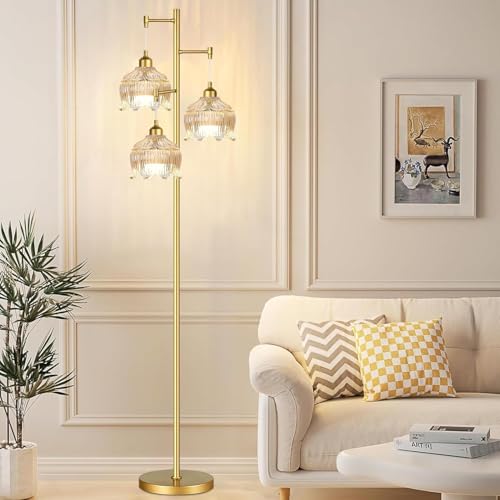 Image of ILLMTW Gold Floor Lamp for Living Room,Bedroom,Mid Century Modern Standing Lamp Brass Tree 3 Light Tall Floor Lamps Vintage Retro Floor Lights Glass Amber Flower Lamp Shade Farmhouse Boho Bohemian