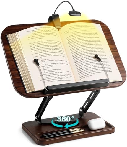 UikJOY Book Stand with Light & Storage, Book Holders for Reading Hands Free, Wooden Cookbook Stand with Adjustable Height & 360 °Angle for Recipe,Magazine,Laptop,Tablet, Bible