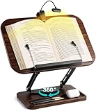 UikJOY Book Stand with Light & Storage, Book Holders for Reading Hands Free, Wooden Cookbook Stand with Adjustable Height & 360 °Angle for Recipe,Magazine,Laptop,Tablet, Bible