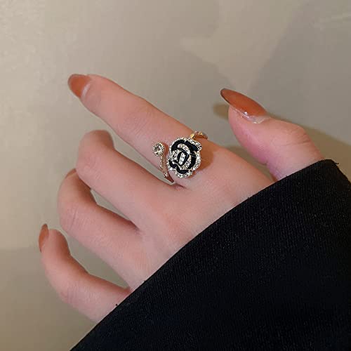 Vivid Black Rose Flower Open Statement Rings for Women CZ Crystal Blooming Wrap Finger Band Engagement Wedding Stacking Ring2