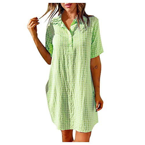 Duanmuci Golf Lässig Baumwolle Gerafftes Kleider for Female V-Ausschnitt Kariert Kurzes ärmel Tunika-Kleid Herbst Minikleid Locker Cool Tunika-Kleid Weiblich FK1260 Cover