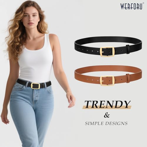 WERFORU 2 Pack Women Leather Belts for Jeans Pants Fashion Leather Belts for Women Waistband with Gold Pin Buckle2