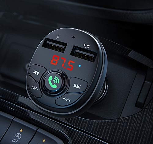 Close-up of the Borofone BC26 FM Transmitter in a car, showing the LED display, control buttons, and USB ports in use.