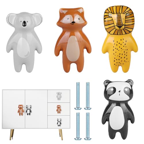 WIYETY Pomos de Armario Con Forma de Animales: 4 Unidades de Tiradores de Cerámica Para Cajón, Caricatura Para Hogar, Cocina, Niños, Dormitorio