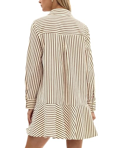 Womens Striped Shirt Mini Dress Long Sleeve Collared Ruffle Hem Button Up Tunic Flowy Swing Dresses3