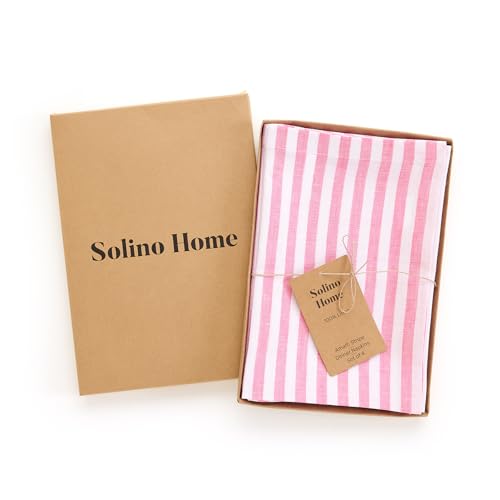 Image of Solino Home 100% Linen Napkins, 20 x 20 in, Pink and White Stripe, Set of 4