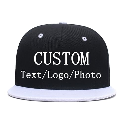 Custom Embroidery Snapback Hat Blank Cap Underbrim Cotton Wool Blend Flat Visor Adjustable Unisex (Print, b-Black/White)