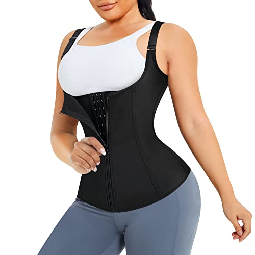 Yerkoad Women Waist Trainer Zipper Workout Cincher Body Corset Neoprene Sauna Sweat Vest Tank Top With Straps(Small, Black) #TOP8