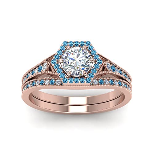 Image of Choose Your Gemstone Vintage Hexagon Halo Bridal Ring Set Rose Gold Plated Round Shape Wedding Ring Sets Matching Jewelry Wedding Jewelry Easy to Wear Gifts US Size 4 to 12