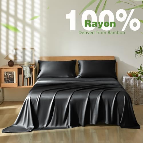 Homiest Queen Sheet Set 4pcs, 100% Rayon Derived from Bamboo Sheets, Cooling & Breathable Bedding for Hot Sleepers, Soft Luxury Sheets with 16" Deep Pocket, Hotel-Grade Silky Comfort (Black)