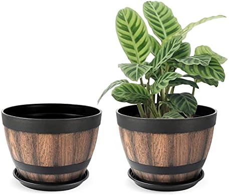 9 Inch Plant Pots with Drainage Holes & Saucer,2 Pack Decoration Flower Pots Canbe Used for Indoor Outdoor.Resin Whiskey Barrel Planters Imitation Wooden Barrel Design,Lightweight,no Fade.( Brown)