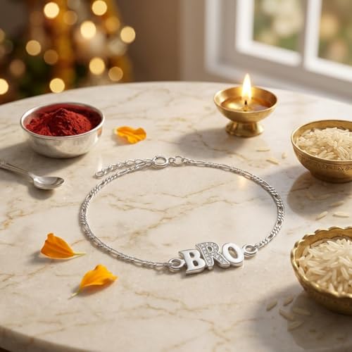 Image of Parnika 925 Pure 92.5 Sterling Silver Bro Floral Mor Pankh Flute Evil Eye Veera Shankh Rakhi Bracelet for Brother | Hallmarked Silver Raksha Bandhan Rakhi | Premium Adjustable Rakhi Gift