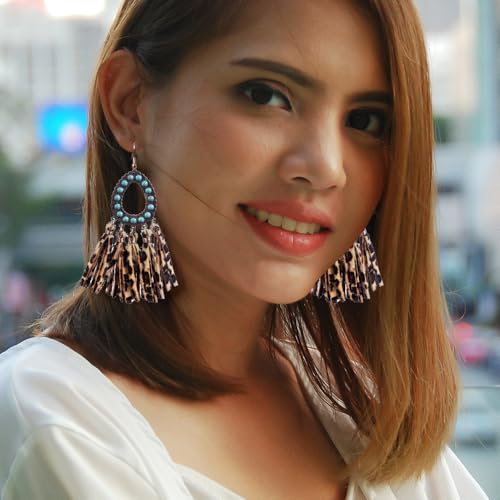 Long Bohemian Fringe Leather Earrrings Handmade Tassel Earrings with Turquoise Vintage Boho Long Dangle Earrings for Women rodeo jewelry4