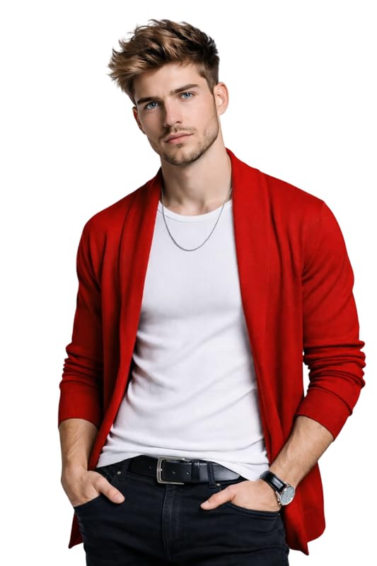 Men’s Lightweight Red Summer Shrug – Breathable Open Front Casual Cardigan (Multicolor,Multisize)