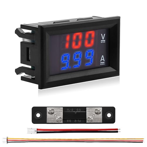 VooGenzek 0.28' LED Voltmetro Amperometro, Multimetro Digitale Rosso e Blu Tester di Tensione per Display, DC 0-100V 50A, con Shunt di Corrente da 50A, per Misuratore di Pannello Volt Amp Gauge