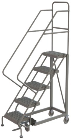 Image of Tri-Arc KDEC105162 5-Step Forward Descent Safety Angle Steel Rolling Industrial and Warehouse Ladder with Grip Strut Tread, 16-Inch Wide Steps