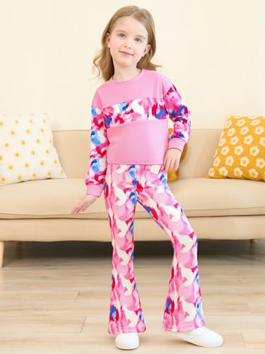 Image of OLMRJKD Girls 2 Piece Outfits Long Sleeve Letter Printed Sweatshirt & Flared Pants Fall Clothing Set Size 7-14 Years