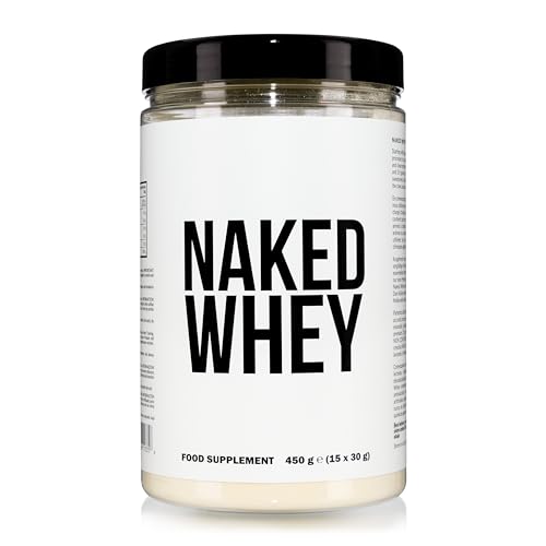 Naked Whey Protein, Proteina en Polvo, Un Solo Ingrediente, Grass Fed, Sin Gluten, Sin Soja, Sin OGM, 25g de Proteinas y 6g de BCAAs por Medida, Sin Sabor, 12 Porciones, 450g