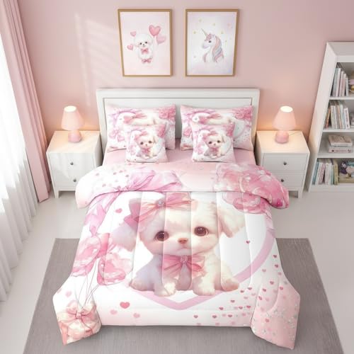 Manfei Cute Dog Comforter Set with Sheets Kawaii Puppy Pink Bowknots 7 Piece Bedding Set King Size for Kids Girls Happy Valentine's Day Bed in a Bag Super Soft Bedding Comforters Chird Bedroom Decor