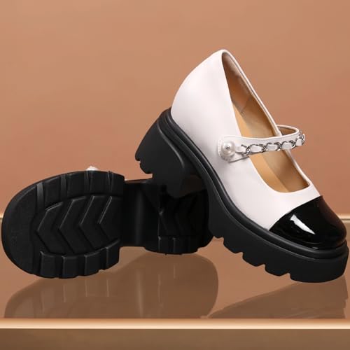 Elegant & Comfort Round-Toe Mary Jane Shoes Women with Metal Chain & Pearl Design Genuine Leather Waterproof Chunky Platform Wedge for Dressy Work4