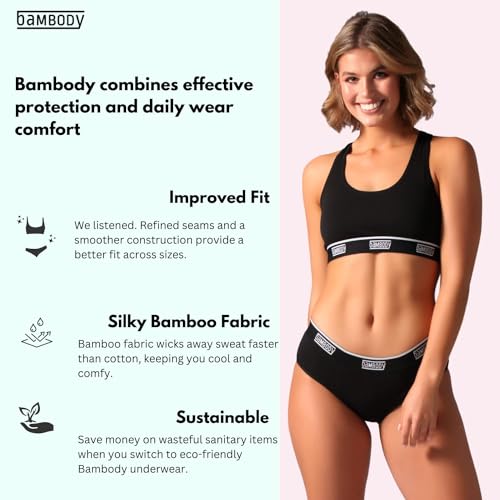 Bambody Leak Proof Hipster: Sporty Period Panties for Women and Teens - 3 Pack: Black - Size 8