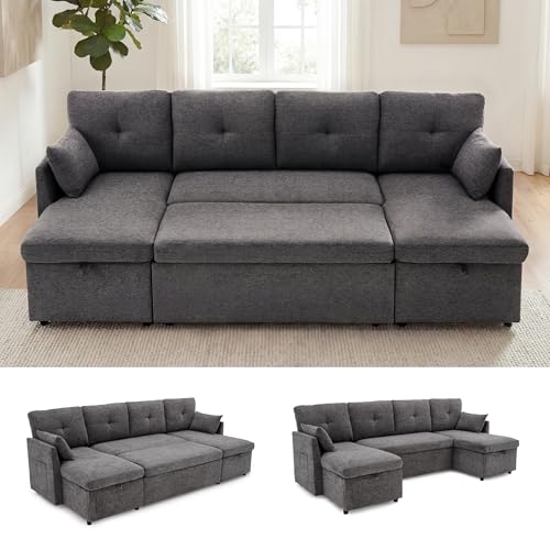 Image of Huatean Home 100 inch Oversized Sleeper Sofa Couch, 2 in 1 Pullout Couch Bed with Side Pockets for Living Room, Sectional Sleeper Sofa Bed with Double Storage Chaise, Darkgrey