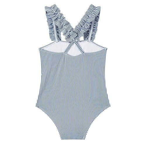 Image of LIZENS Girls One Piece Swimwear Pink Stripe Ruffled Shoulder Straps Girls Swimsuit Size 2-12