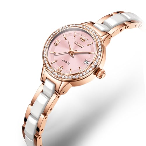 Image of OLEVS Women's Quartz Watches - Elegant Oval Diamond Dress Watch with Ceramic Band, 30M Waterproof Ladies Wrist Watch for Dress & Casual Wear (Rose Gold Blue /Red /Purple /White)