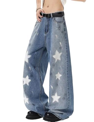Y2K Star Jeans Men Aesthetic Star Denim Pants Straight Leg Baggy Jeans Grunge Streetwear