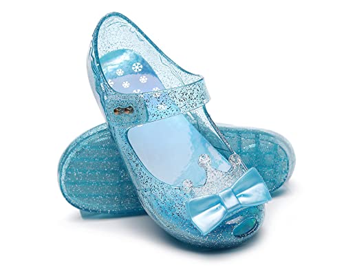 Dress Shoes for Girls, Toddler Girls Princess Jelly Sandals Blue Jellies Flat Size 12 Clear Sparkle Mary Jane Dance Party Cosplay Glitter Shoes with Bow3