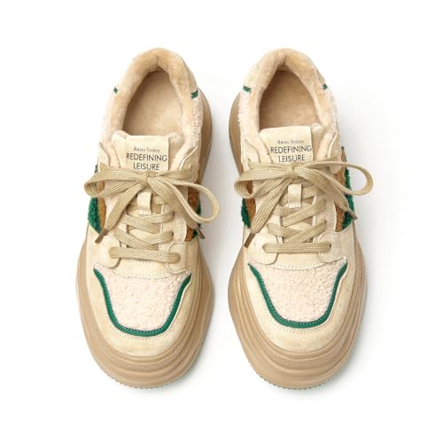 Best Shoes for Walking in New York City Winter: Top Picks 11 BEAU TODAY Fur Lined Winter Sneakers for Women, Womens Chunky Platform Warm Sneakers, Comfortable Suede Snow Lace-up Non-Slip Round Toe Casual Snow Walking Tennis Shoes Beige US 9.5
