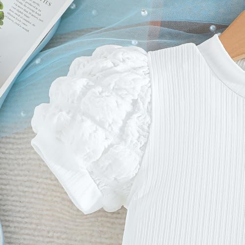 Image of Toddler Girl Summer Outfits Puff Short Sleeve Ribbed Knit Tops Mini Skirt Set Cute Girl Clothes
