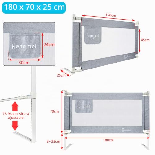 Barrera de cama para niños de 180 cm con elevación vertical gris para evitar caídas nocturnas 3