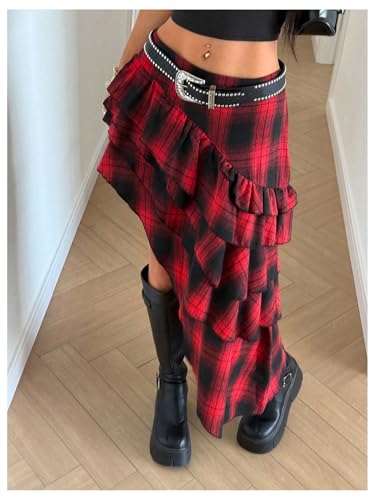 MakeMeChic Women's Plaid Ruffle Skirt Asymmetrical Low Waist Layered Y2k Punk Skirts2