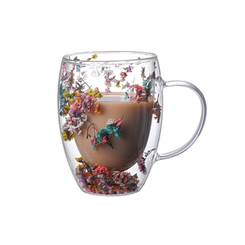 Xfeyaqlo 350ml Vaso Doble Pared, Vasos Cafe Cristal Flores Secas, Bonitos Taza Cristal Cafe Vasos de Te (F)