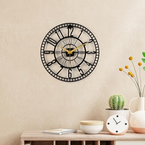 Image of Wakefit Metal Analog Wall Clock Medium | 16 Inch | Laser Cut Abstract Home Decor & Gifting Option | for Living Room Study Bedroom & Office Decor | Verniq Metal Wall Clock 400 MM Black