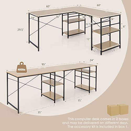 Costway L-Shaped Corner Desk, Convertible Computer Desk With 4-Tier Shelves & 3 Cable Holes, Modern Gaming Writing Workstation, 95 Inch 2-Person Long Computer Desk For Home Office (Natural) #TOP2