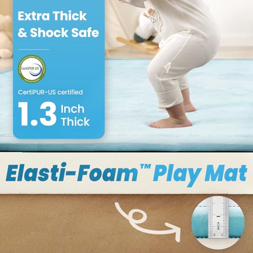 Image of 1.3 inch Thick Baby Play Mat for Floor Playpen, 50x50 Foam Tummy Time Mat, Padded Support Soft Plush Nursery Rug for Infant Kids Toddler Crawling Kick Activity (Ice Blue)