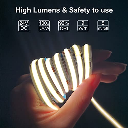 Lltop Cob Led Strip Lights Warm White 3000K, Dc24V 16.4Ft/5M High Cri 92Ra+ Flexible Led Tape Lighting Diy Cuttable For Bedroom Kitchen Cabinet Shelf (Power Supply&Dimmer Not Included) #TOP2
