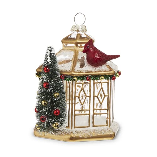 RAZ Imports Gold Pagoda with Cardinal Ornament, 3.75-inch Height, Glass, Christmas, Home Décor