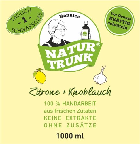 OHNE Konservierungsstoffe! Jetzt NEU im umweltfreundlichem Pouch-Standbeutel mit praktischem Vitop-Zapfhahn. Renates NaturTrunk Zitrone + Knoblauch, 1 x 1000ml