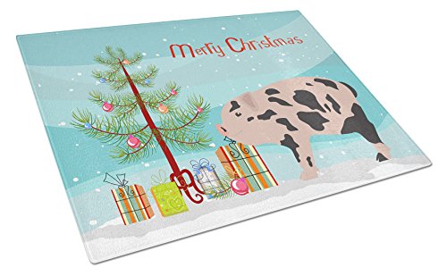 Caroline's Treasures BB9302LCB Mini Miniature Pig Christmas Glass Cutting Board Large, Teal Decorative Tempered Glass Kitchen Cutting and Serving Board Large Size Chopping Board
