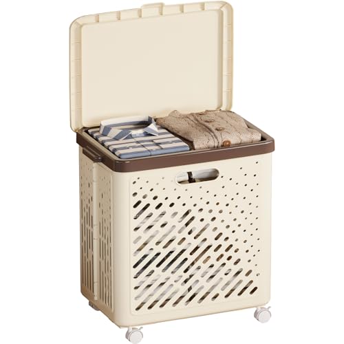 Zilnox 洗濯かご 折りたたみ ランドリー バスケット 折り畳み 洗濯カゴ 蓋付き キャスター付き 大容量 幅41×奥行40×高さ52.5cm クリームイエロー 62L