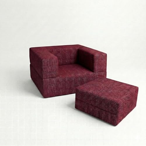 Image of C-Type Sofa Bed 3x6 Ft with Pouffe - Jute Fabric Convertible Floor Sofa Cum Bed with Wide Arm Support for Living Room & Guest Room, Office - Red Color