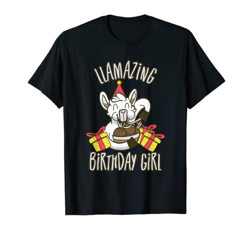 Girl Llama Fecha de Nacimiento LLamazing Retro Alpaca Globos Camiseta