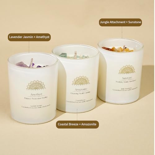 Healing Crystal Candles Gift Set for Women, 3 Pack Aromatherapy Soy Candles with Real Amethyst Amazonite Sunstone, Lavender Jasmine Coastal Breeze Scented Candles, Meditation Chakra Energy - 3.5oz - Image 5